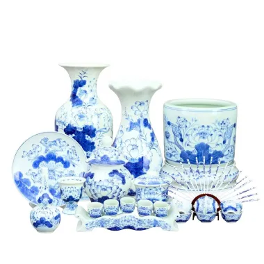 Bộ Đồ Thờ Bát Tràng Men Lam Vẽ Hoa Sen 