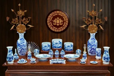 Bàn thờ ông địa thần tài ngang 50cm song lân gỗ gõ đỏ