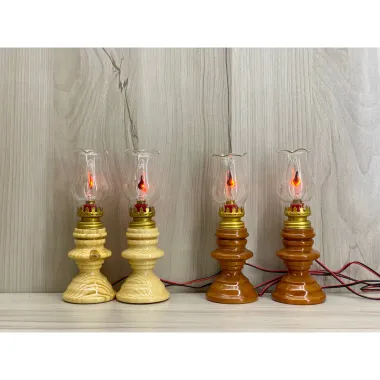 Cặp đèn dầu điện 220V - đèn gỗ + thủy tinh, đèn bàn thờ cao 20cm