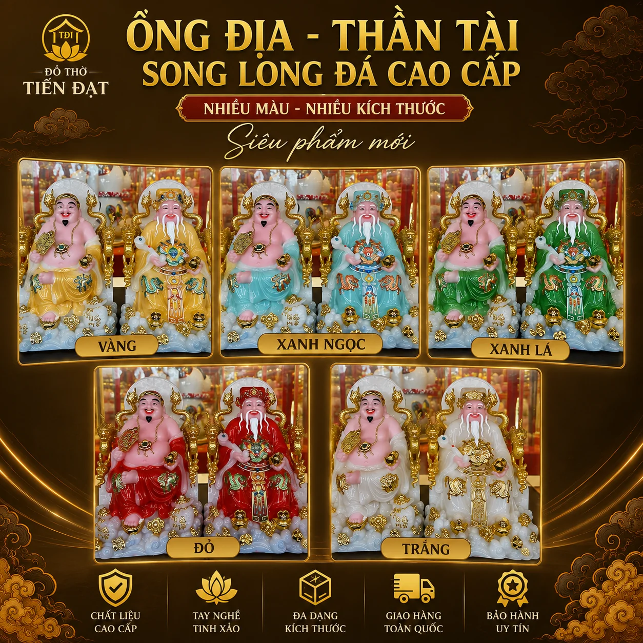 Ông Địa-Thần Tài song long đá cao cấp nhiều màu nhiều kích thước siêu phẩm mới