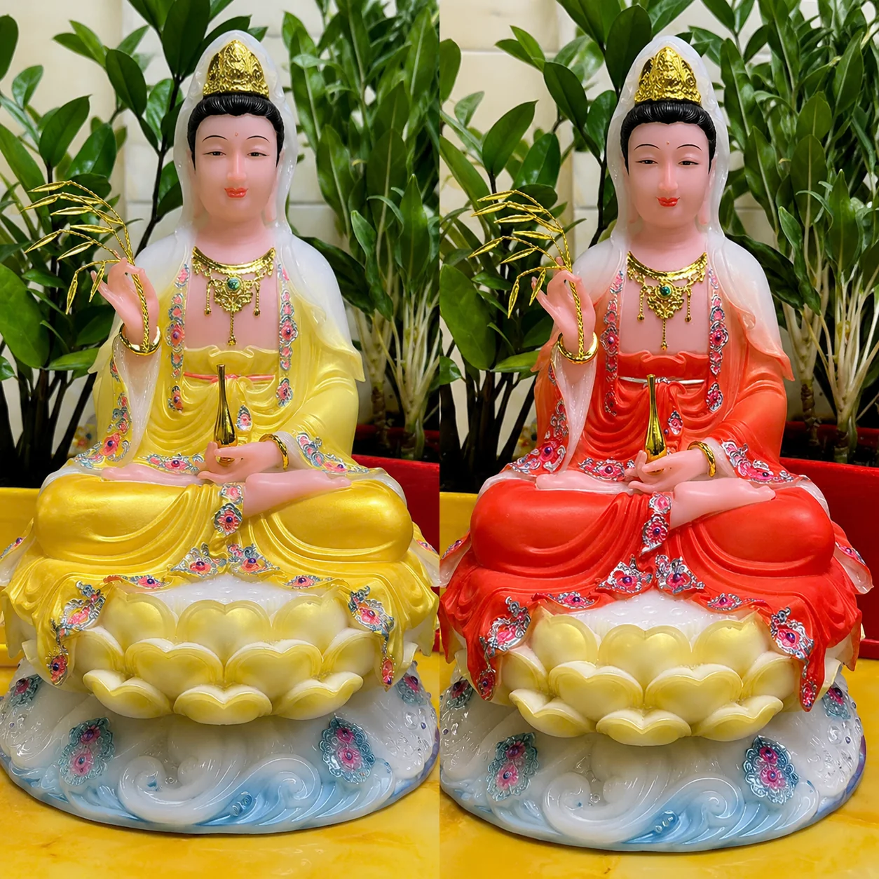 Tượng Quan Âm Bồ Tát đá cao cấp vẽ gấm