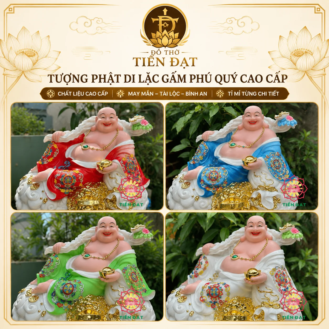 Tượng Phât Di Lặc gấm phú quý cao cấp đủ màu - Đồ Thờ Tiến Đạt
